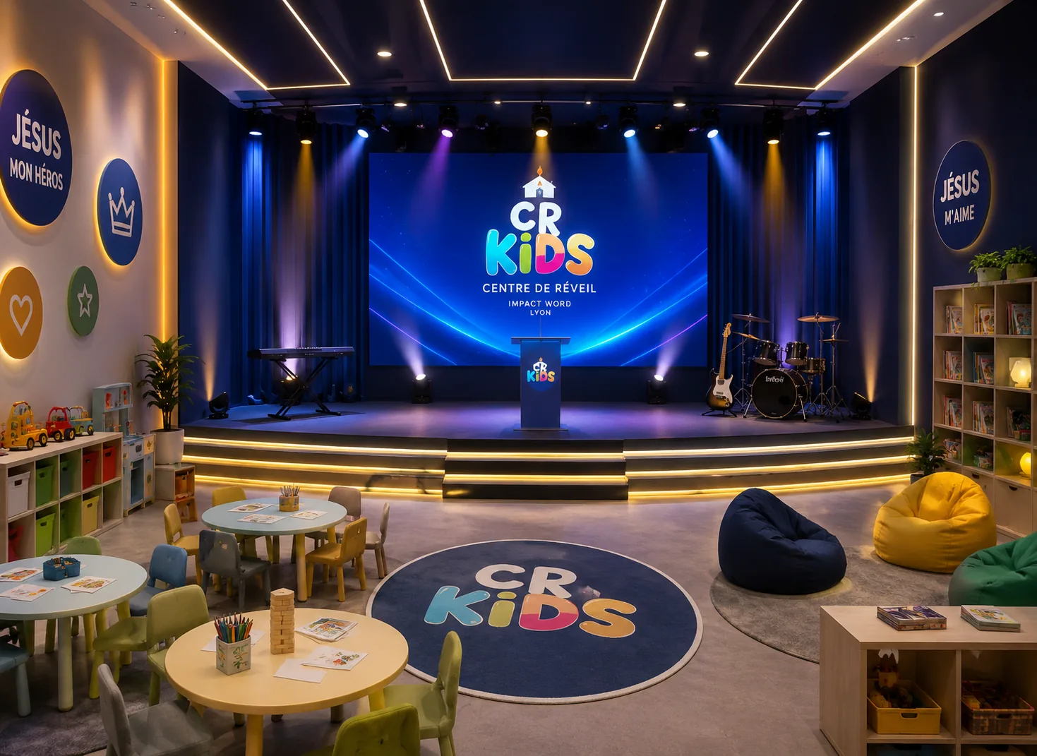 Salle CR Kids colorée et immersive avec scène et coins d'activités